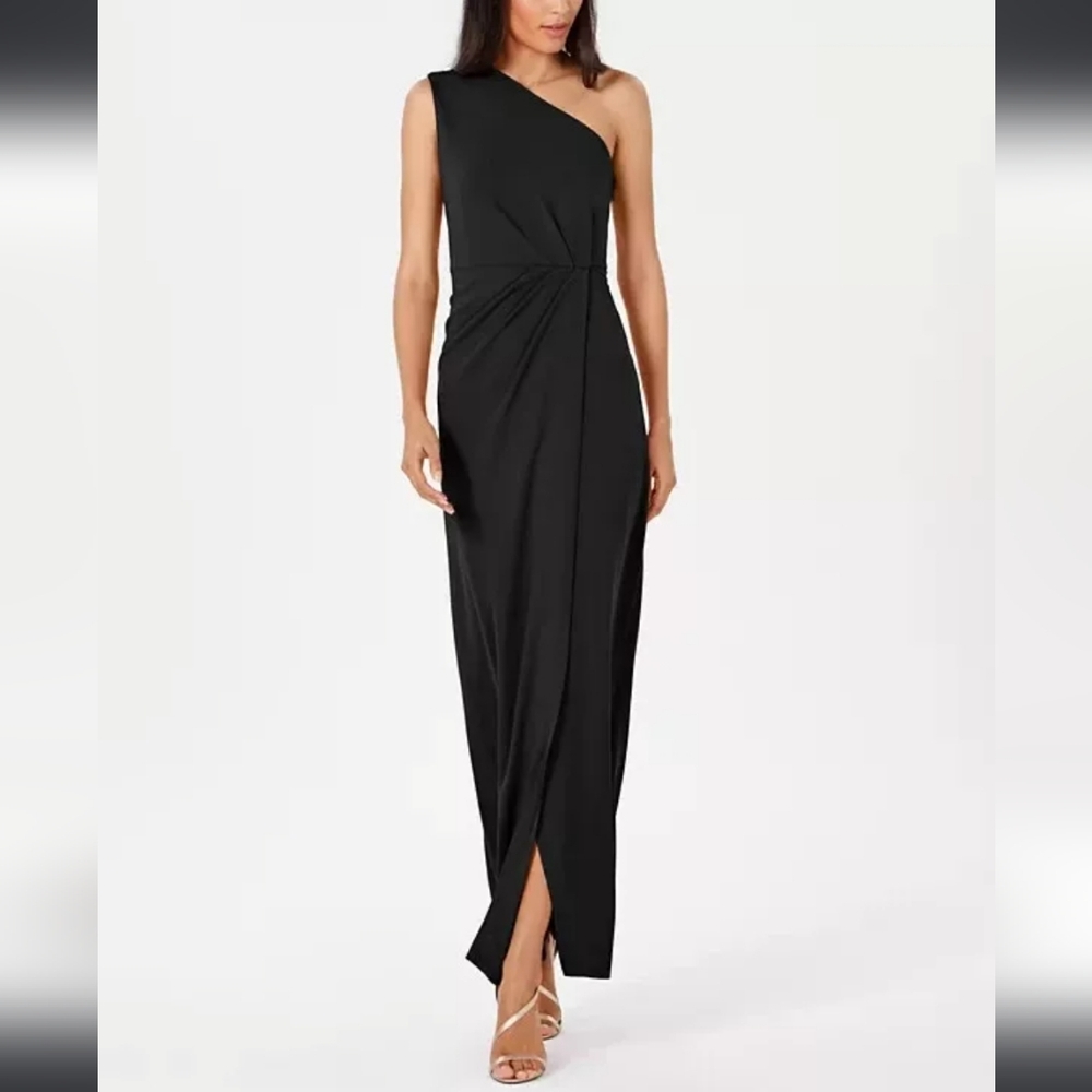 CALVIN KLEIN Women's Black One-Shoulder Gown Long Draped Maxi Dress Size 12